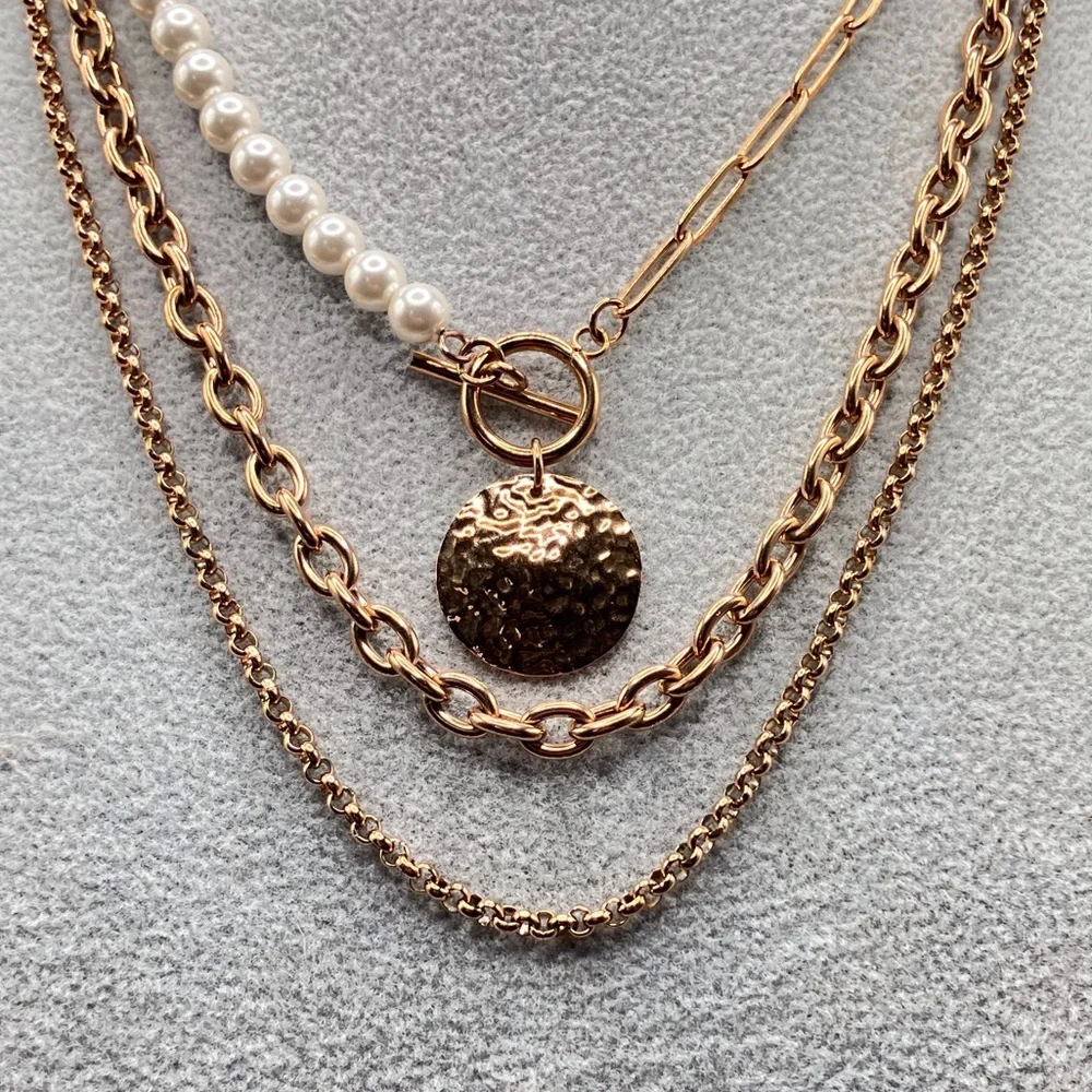 Rose Gold Stainless Steel and Shell Pearl Necklace 4 Piece Set Ever True - Picture 4 of 14